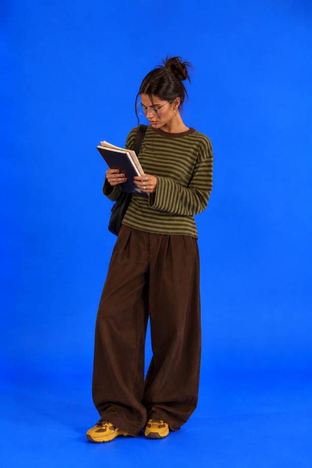 Women's Green Brown Striped Crew Neck Oversize Longsleeve Sweatshirt