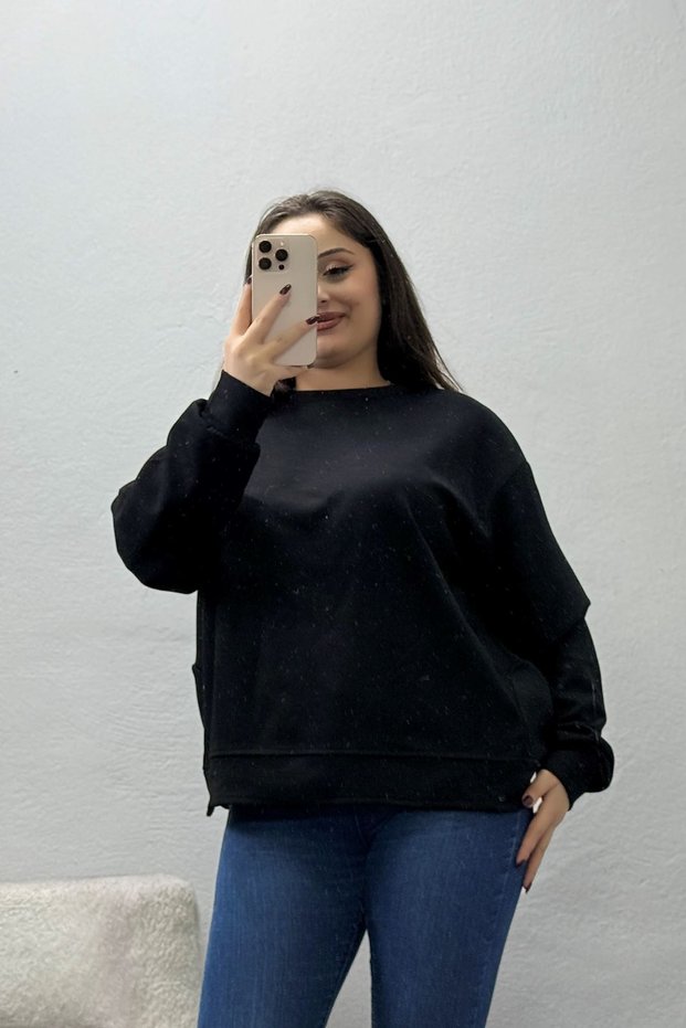 سويت شيرت نسائي مودال برقبة دائرية كبير الحجم باللون الأسود