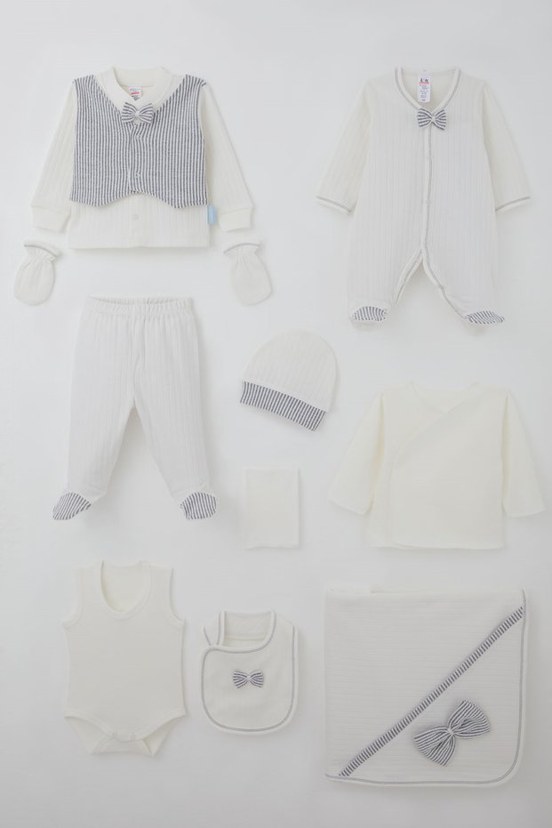 Baby Boy Hospital Release Set, 10-Piece Fixed Vest with Bow Accessory, 0-3 Months, Ecru