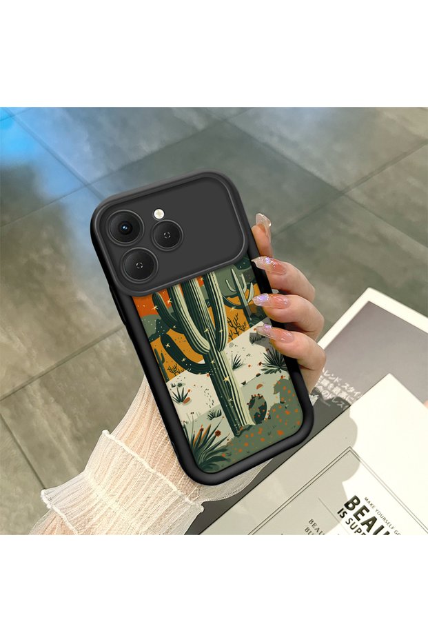 Tecno Spark 40 Compatible Black Silicone Camera Protected Shock-Absorbing Protective Case with Cactus Pattern