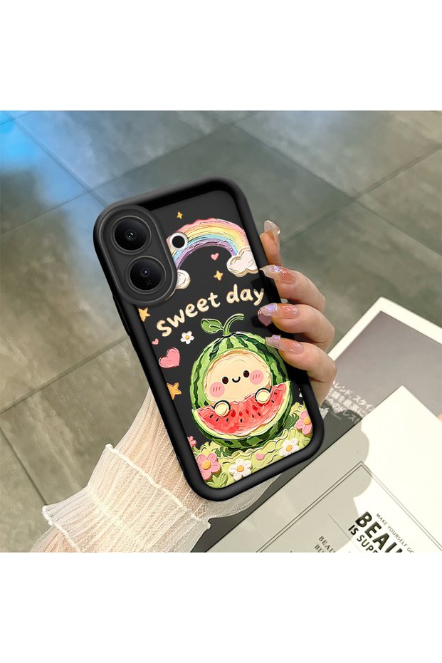 Vivo V60 Lite 4G/5G Compatible Black Silicone Camera Protected Shock-Absorbing Protective Case Watermelon and Rainbow Pattern