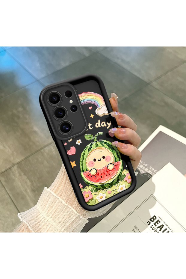 Samsung Galaxy S24 Ultra Compatible Black Silicone Camera Protected Shock Absorbing Protective Case Watermelon and Rainbow Pattern