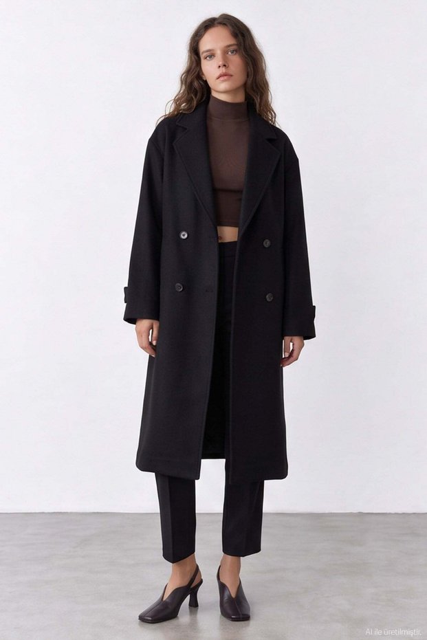 Double-Breasted Collar Coat - Black