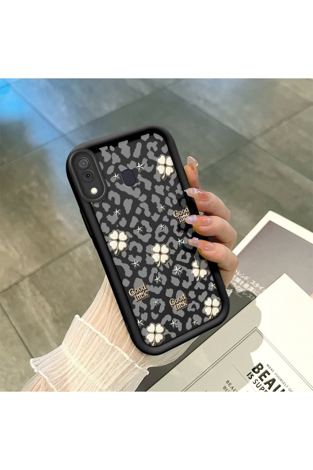 Samsung Galaxy A20/A30 Compatible Black Silicone Camera Protected Shock-Absorbing Protective Case with Lucky Four-Leaf Clover Pattern