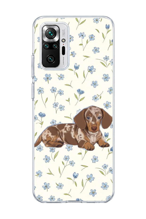Redmi Note 10 Pro 4g Compatible Sausage Dog Blue Flower Printed Transparent Phone Case