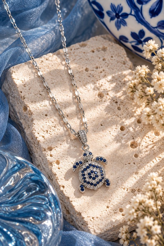 Turtle Figured Navy Blue Evil Eye Motif Steel Necklace (Silver Color)