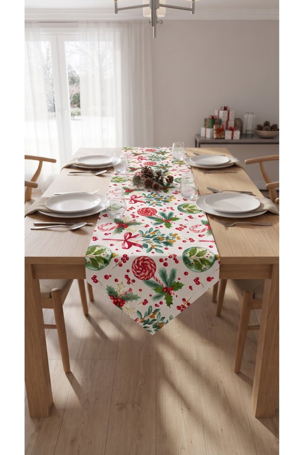 Duck Fabric Triangle-End Runner 40X150 cm – Christmas Candy Cane, Pine Branch and Ribbon Patterned, Water Repellent Stain-Resistant Table Runner