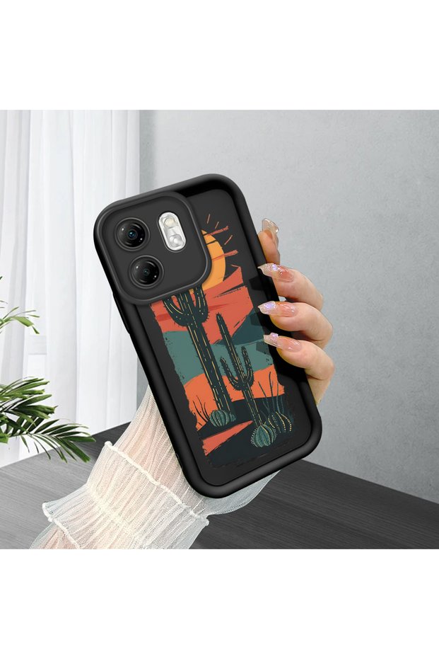 Infinix Smart 9 Compatible Black Silicone Camera Protected Shock Absorbing Protective Case with Cactus Pattern