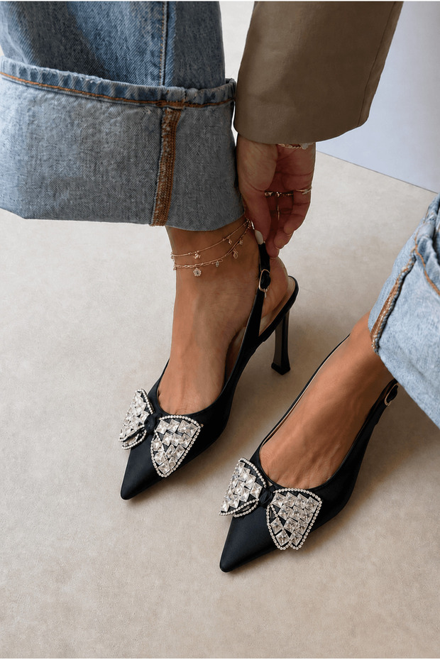 Pointed Toe Heeled Shoes with Stone Bow Detail - 042 - 361 - Black