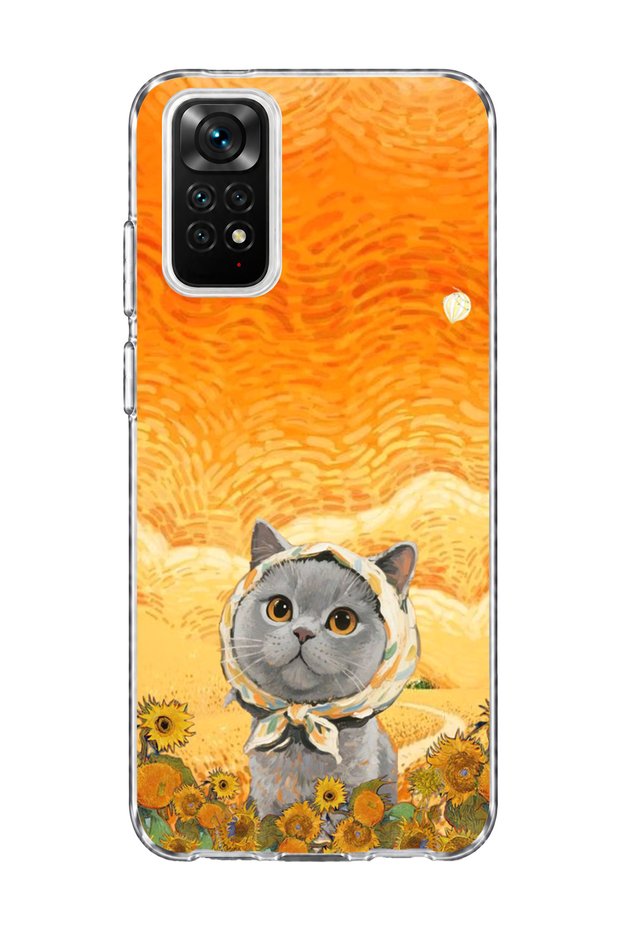 Redmi Note 11 / 11S Compatible Gray Cat Sunflower Printed Transparent Phone Case with Scarf