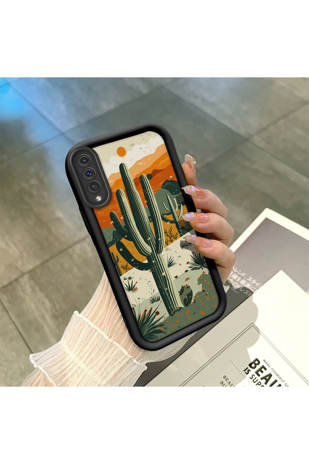 Samsung Galaxy A50/A50S/A30S Compatible Black Silicone Camera Protected Shock Absorbing Protective Case with Cactus Pattern