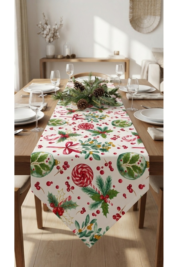 Duck Fabric Triangle-End Runner 40X130 cm – Christmas Candy Cane, Pine Branch and Ribbon Patterned, Water Repellent Stain-Resistant Table Runner