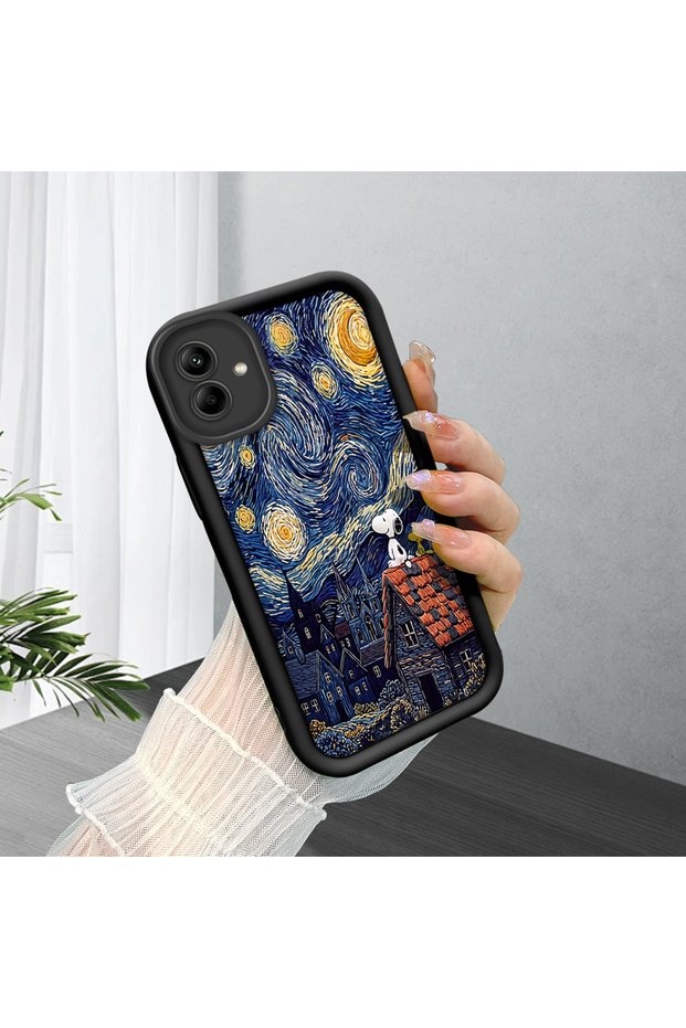 Samsung Galaxy A04 Compatible Black Silicone Camera Protected Shock Absorbing Protective Case Starry Oily Snoopy