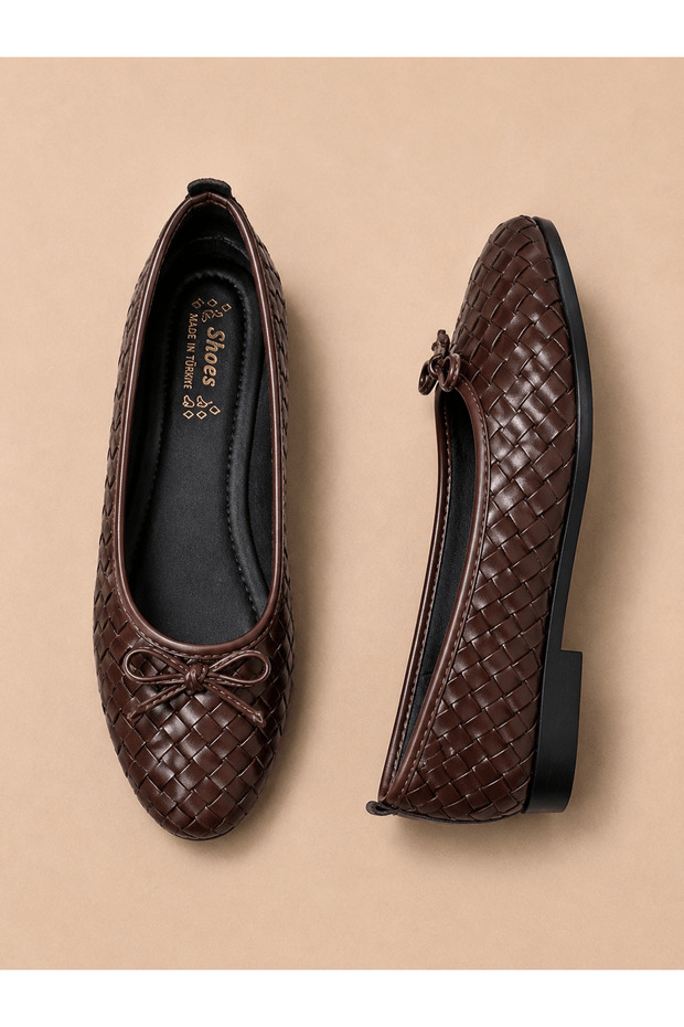 Leather Ballerinas with Straw Weave Bow - Hl - Bitter Brown