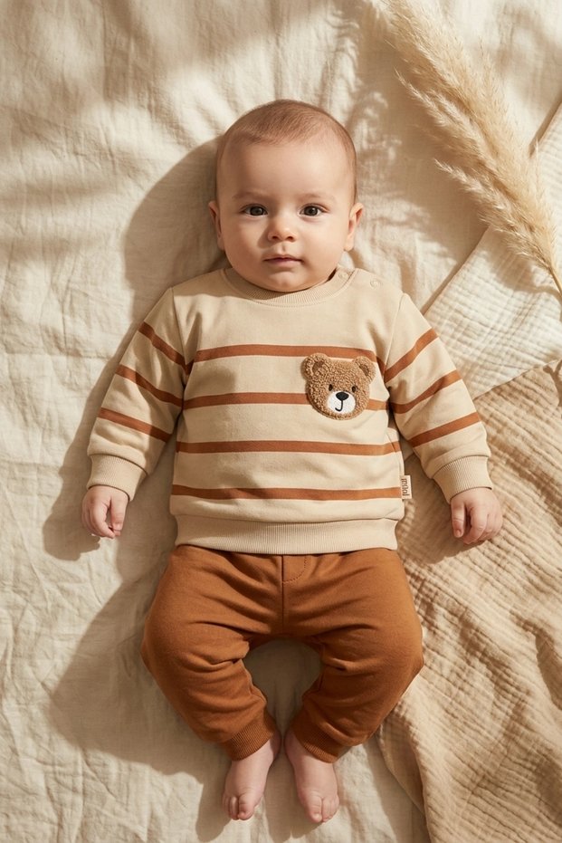 Baby Teddy Embroidered Striped Sweatshirt and Brown Bottom Tracksuit Set - 100% Cotton, Soft Textured