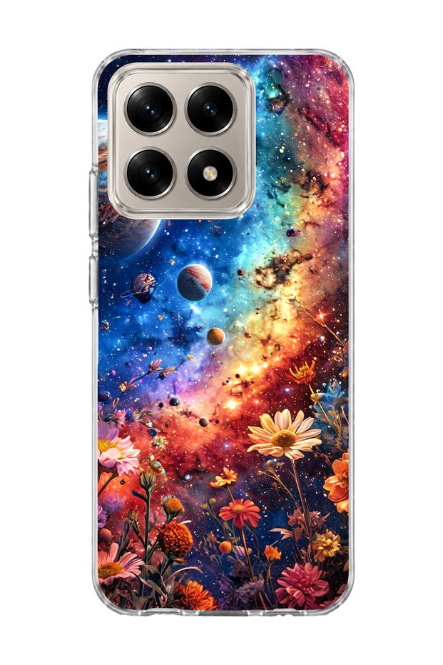 Mi 15t Compatible Galaxy and Flowers Printed Transparent Phone Case