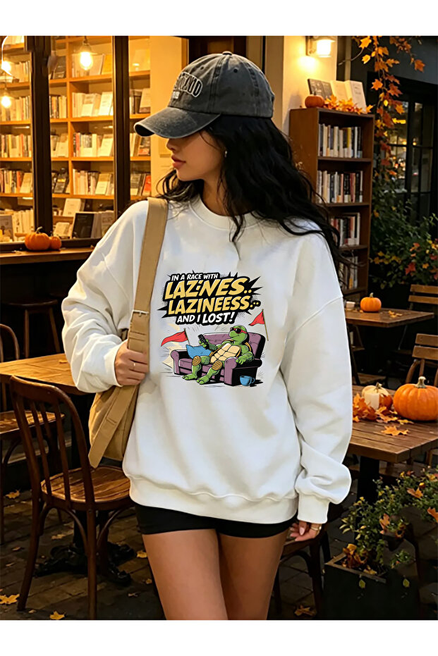 Fun Design Printed Oversize Basic Unisex Cotton Crew Neck White Sweatshirt