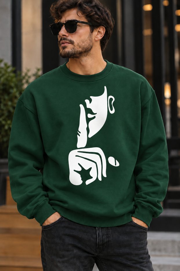 Sign of the Zodiac Face Silhouette Printed Unisex Oversize Sweatshirt – Crew Neck Casual Sweatshirt