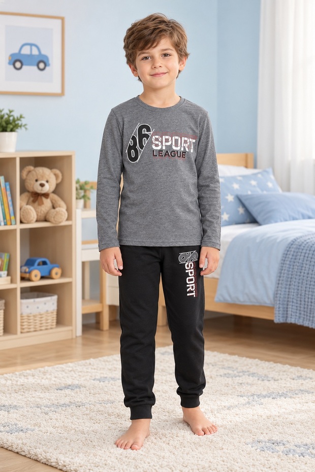 Boy's Pajama Set, 100% Cotton, Long Sleeve, 30/1 Combed Single Jersey, Gray & Black