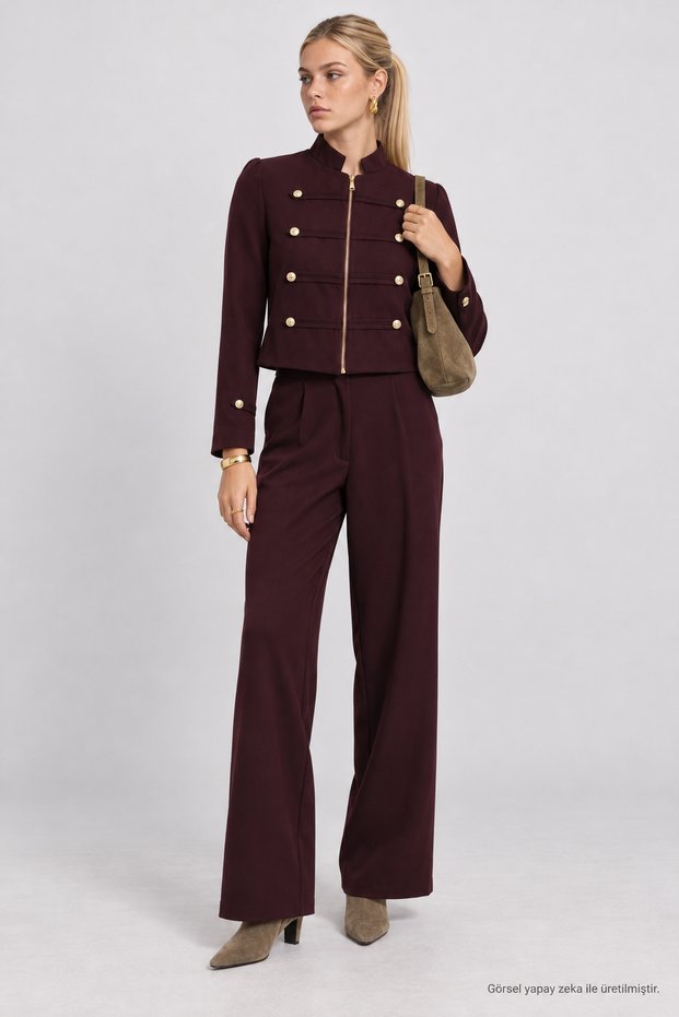 Gold Buttoned Woven Jacket-Pants Set Laz0015 Mürdüm