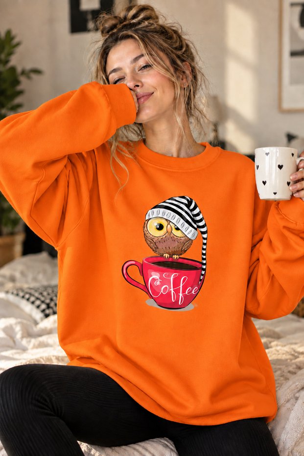Cute Owl Printed Unisex Oversize Sweatshirt with Coffee Cup – Crew Neck Casual Sweatshirt