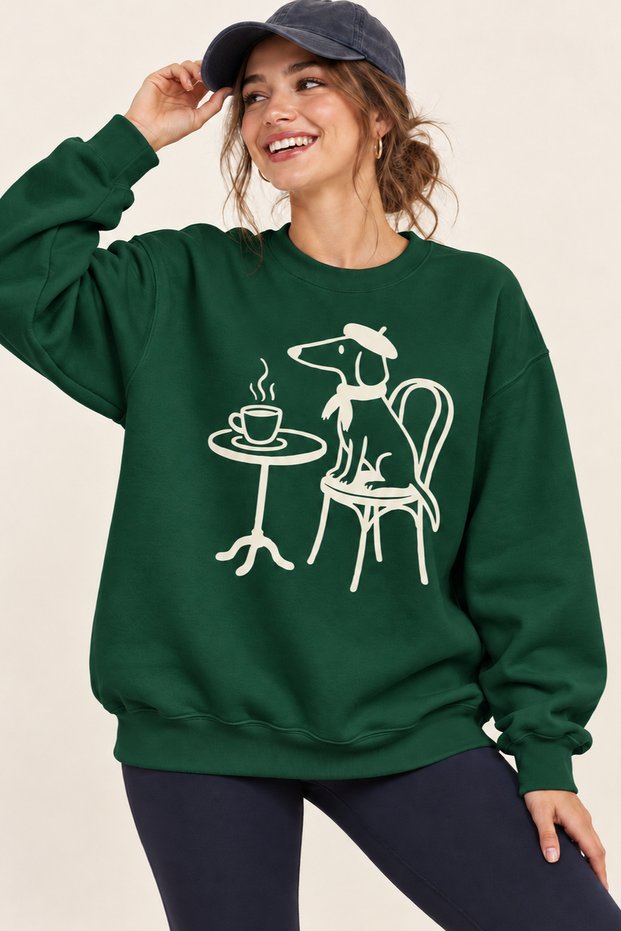 Coffee and Beret Cute Dog Printed Unisex Oversize Sweatshirt – Crew Neck Casual Sweatshirt