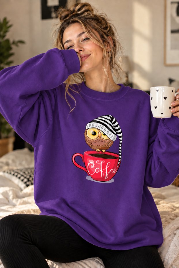 Cute Owl Printed Unisex Oversize Sweatshirt with Coffee Cup – Crew Neck Casual Sweatshirt