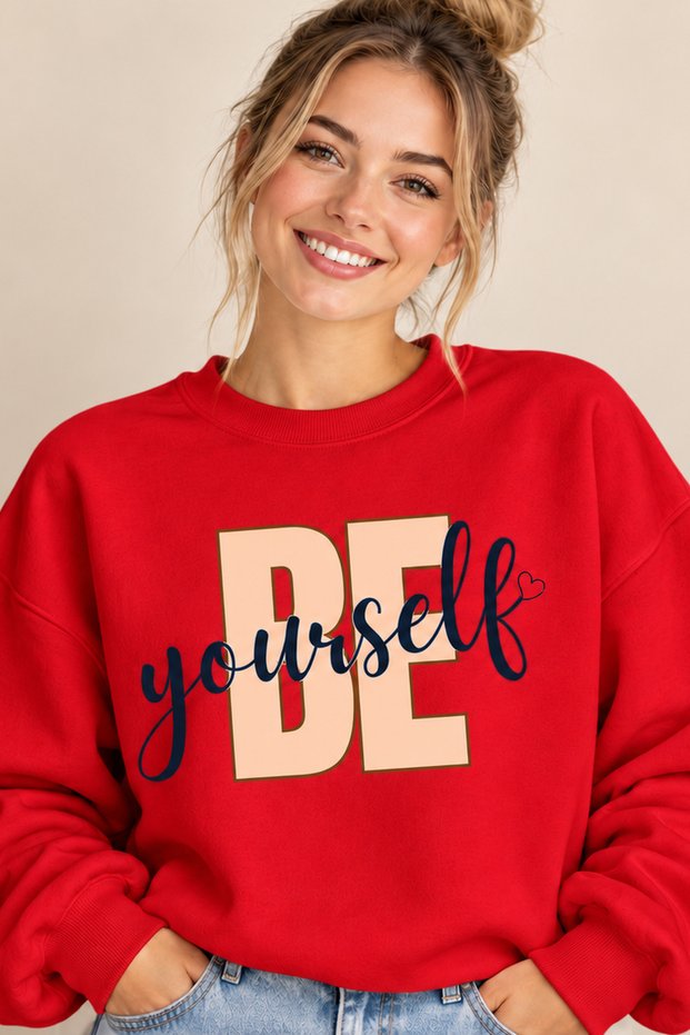 Be Yourself Written Heart Detail Unisex Oversize Sweatshirt – Crew Neck Casual Sweatshirt