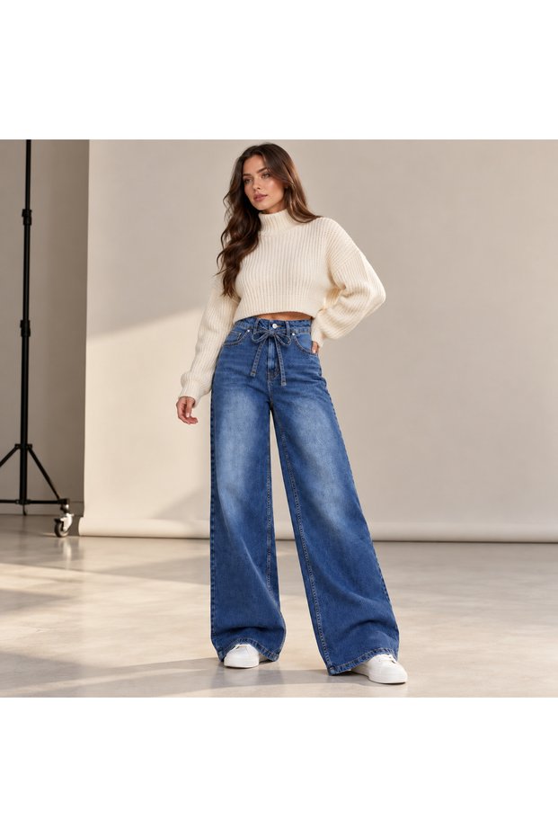 Women's Adjustable Drawstring Detailed Embroidered Wide Leg Denim Trousers