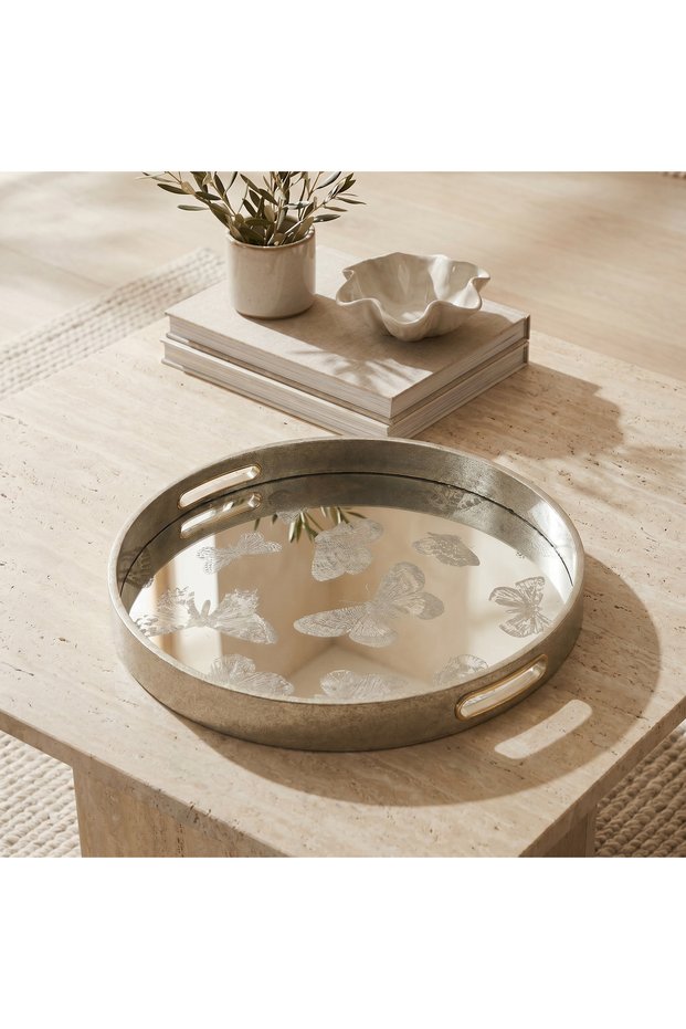 Butterfly Print Serving Tray with Cutout Handles - 37 cm
