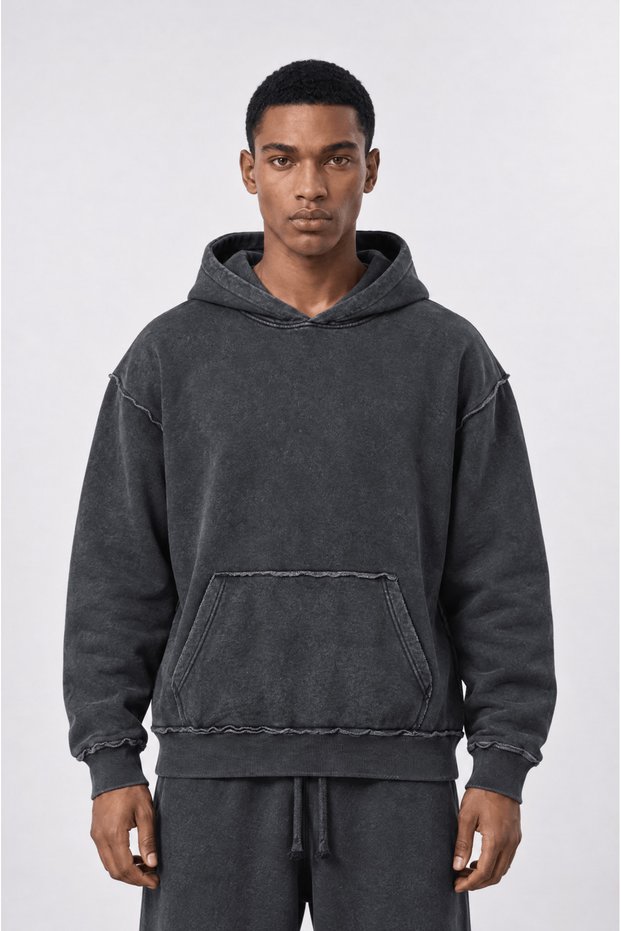 Men's Dirty Stitch Detailed Washable Basic Oversize Hoodie Black