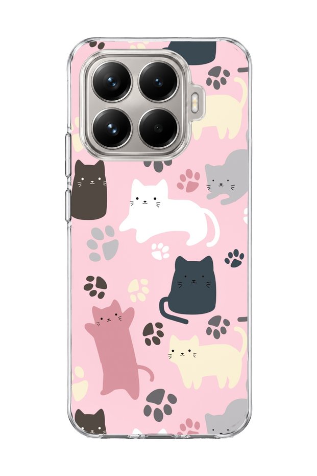 Mi 15t Pro Compatible Cat and Paw Pink Printed Transparent Phone Case
