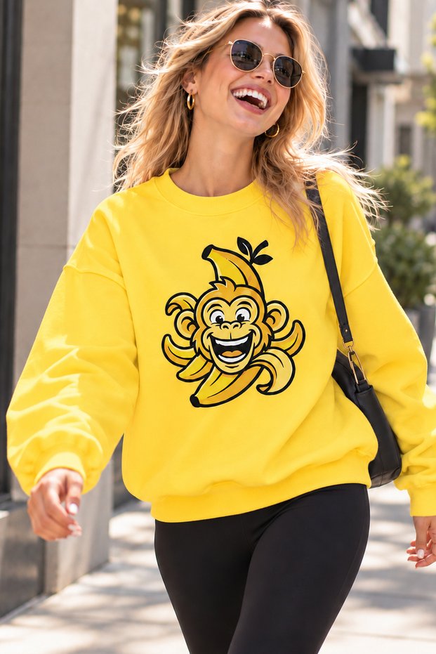 Banana and Laughing Monkey Printed Unisex Oversize Sweatshirt – Crew Neck Casual Sweatshirt
