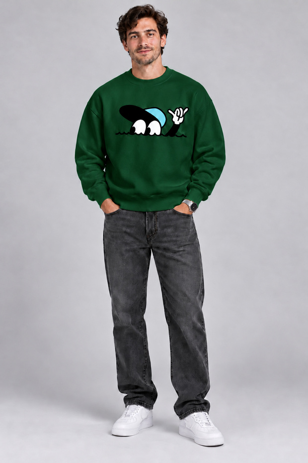 Blue Hat Fun Character Printed Men's Oversize Sweatshirt – Crew Neck Casual Sweatshirt