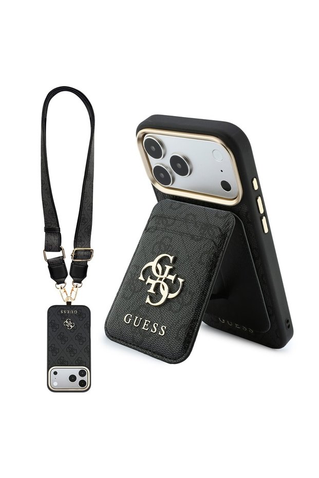 iPhone 18 Pro Max Licensed 4g and Text Logo Case & Card Holder & Strap Lanyard Accessory Set Black