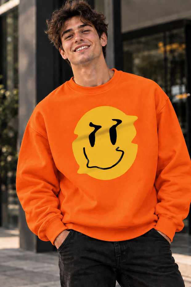 Yellow Smiley Face Smile Printed Unisex Oversize Sweatshirt – Crew Neck Casual Sweatshirt