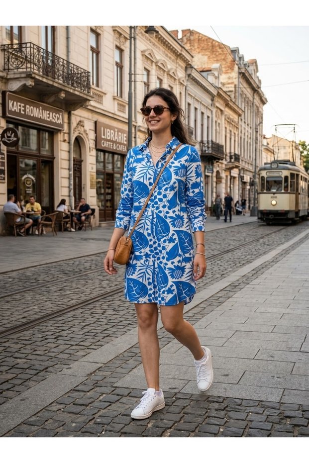 Blue Leaf Patterned Viscose Shirt Dress / Tunic