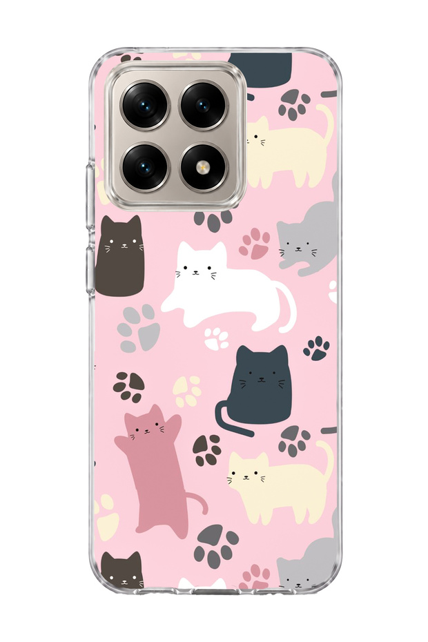 Mi 15t Compatible Cat and Paw Pink Printed Transparent Phone Case