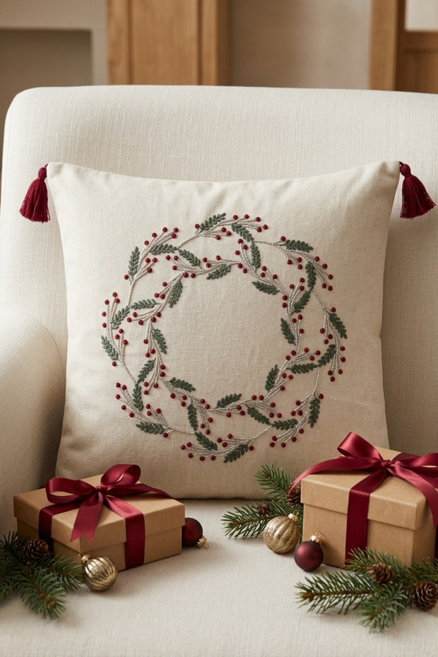Christmas Wreath Patterned Punch Embroidered Throw Pillow Cover Cotton 42X42 cm