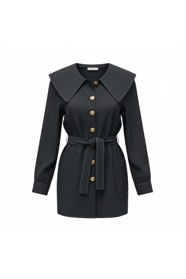 Wide Collar, Belted, Long Sleeve, Above Knee, Hijab-Friendly, Buttoned Shirt