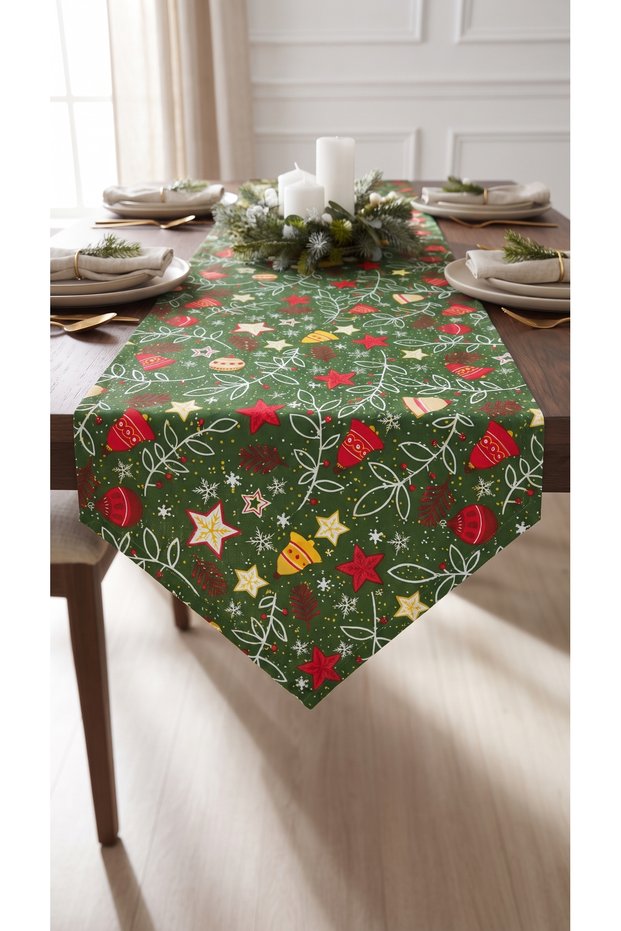 Duck Fabric Triangle-Pointed Runner 40X150 cm – Green Christmas Star, Pine Branch and Christmas Ornament Patterned, Water Repellent Stain-Resistant Table Runner