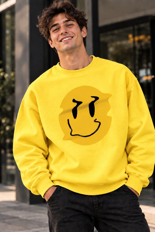 Yellow Smiley Face Smile Printed Unisex Oversize Sweatshirt – Crew Neck Casual Sweatshirt