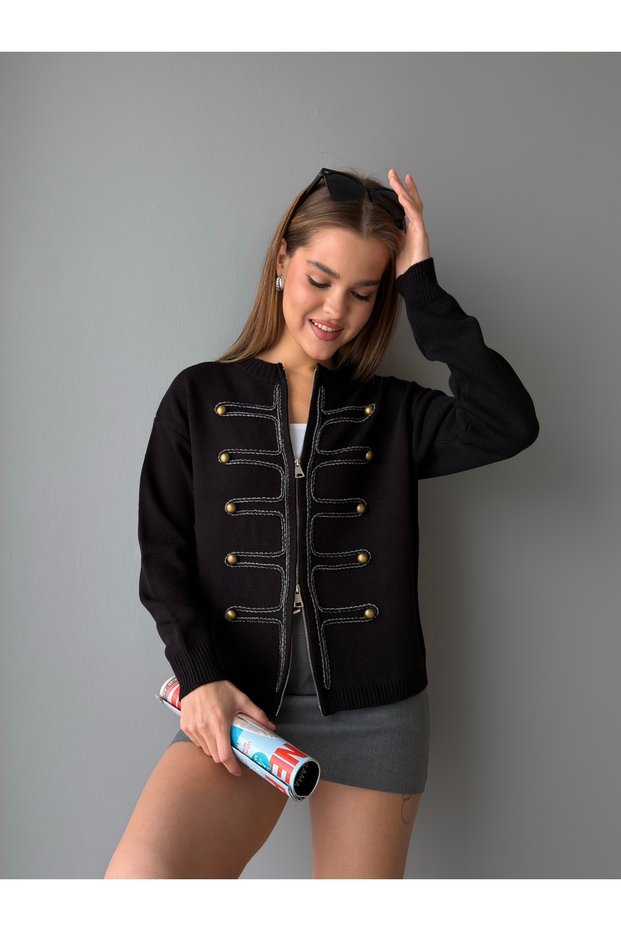 Double Zipper Button Detailed Cardigan