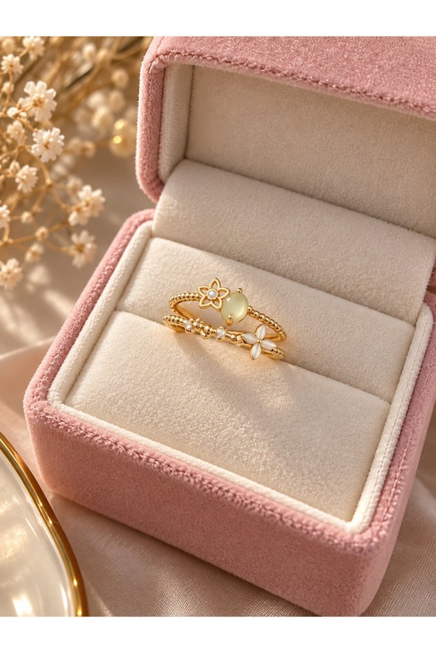 Gold Color Double Row Flower Detailed Stone Elegant Women's Ring