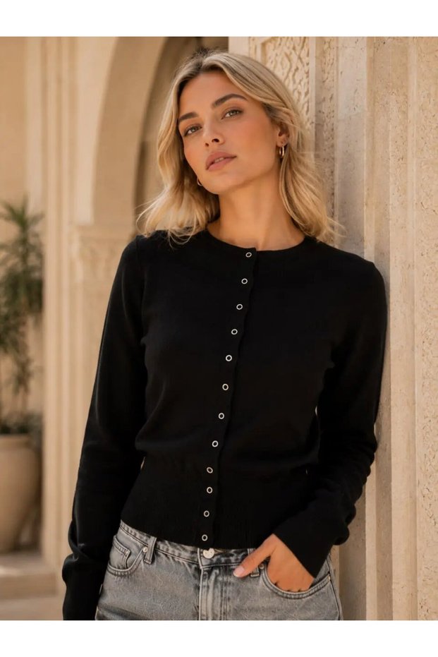 Women's Crew Neck Snap Button Premium Flexible Knitwear Cardigan 12531