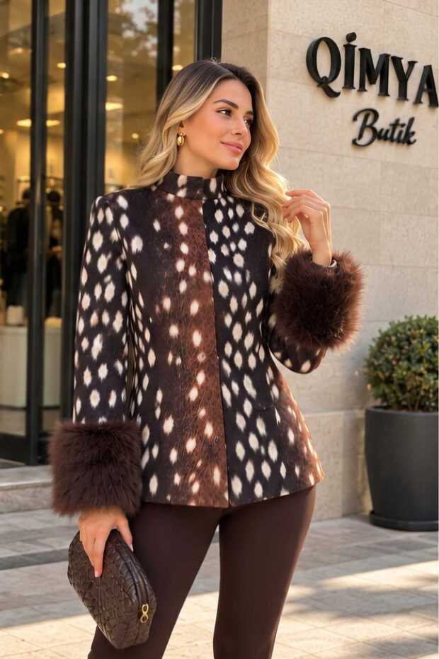 Mi̇ss Neşem Women's Premium Jacket with Fur Cuffs and Bambi Patterned Stand Collar