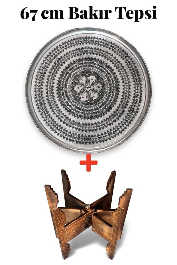 67 cm Hand-Embroidered Authentic Patterned Pewter Urfa Copper Tray + Foldable Floor Stand