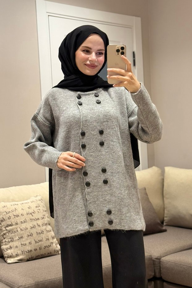 51231 - Stylish and Comfortable Felt-Polyester Women's Knitwear Long Cardigan with Button Detail