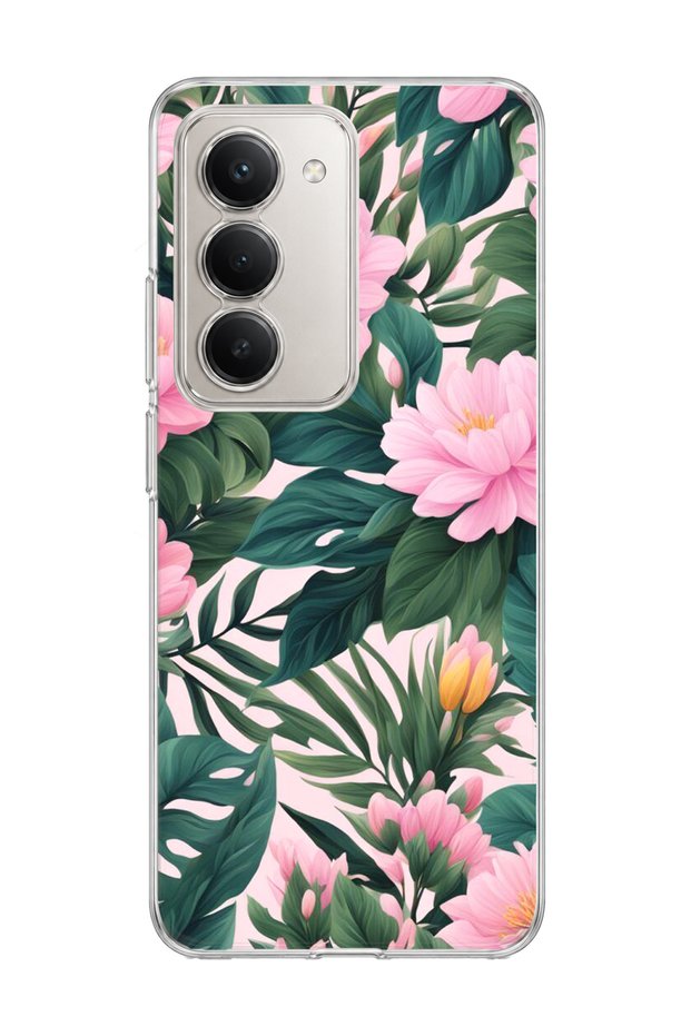 Redmi 15 Compatible Pink Flower Green Leaf Printed Transparent Phone Case