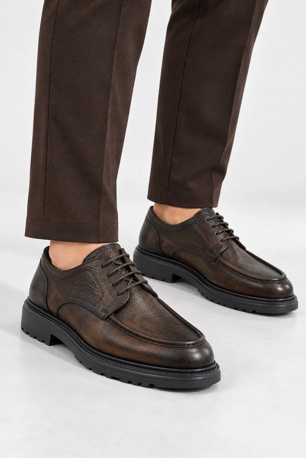 Corin Men's Genuine Leather High-Sole Classic Shoes - Brown